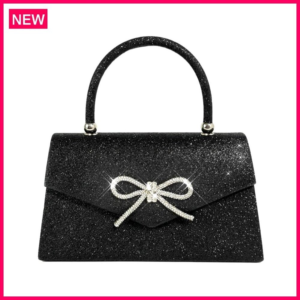 Sparkly Rhinestone Bow Clutch Purse with Detachable Chain for Evening Events